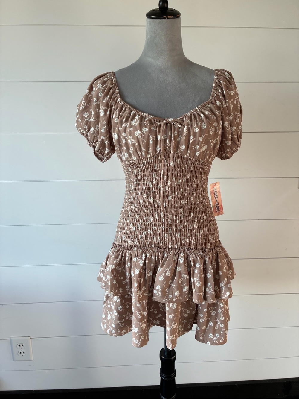 Inspired Hearts Dusty Taupe Floral Smocked Mini Dress Sz L NWT/0431